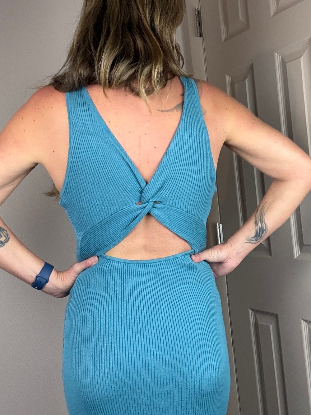 Sleeveless Ribbed Midi Dress in Teal Blue - Picture 7 of 12